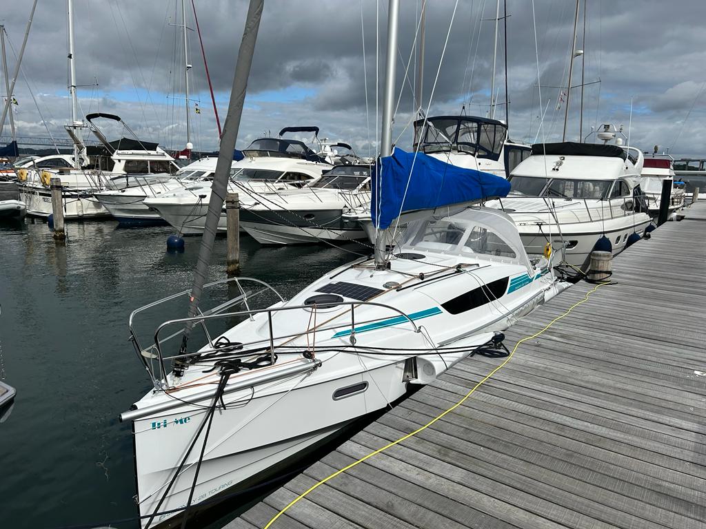 The Dragonfly Boat tucked up for the night in the marina. 